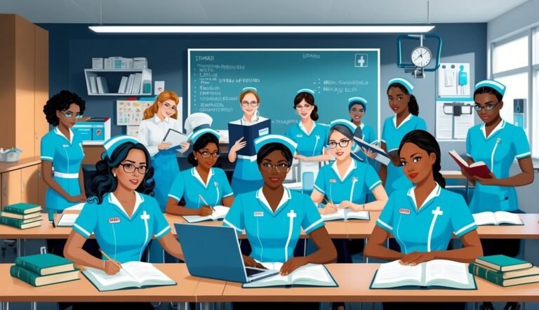 Group of nurses in blue uniforms in a classroom setting, studying