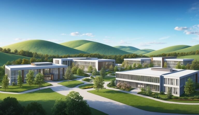 Modern office buildings on a green campus with rolling hills in the background