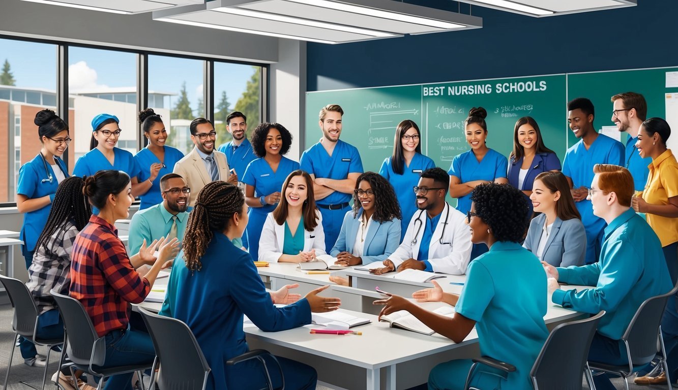 Group of diverse nursing students and instructors in a classroom setting