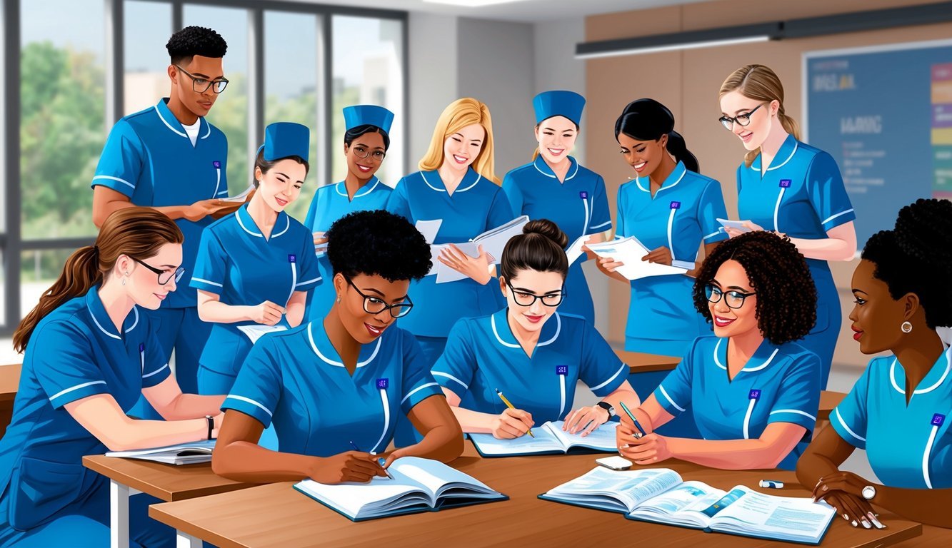 A group of students in nursing uniforms study and collaborate in a modern classroom at the University of South Alabama