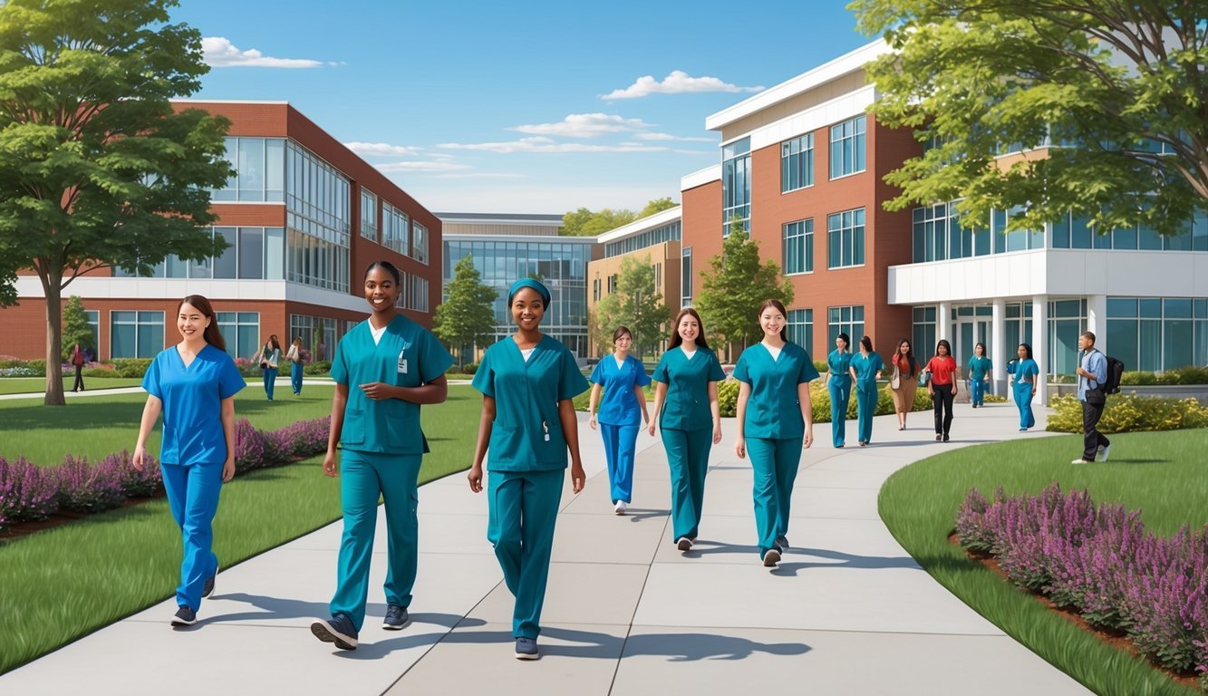 A bustling campus with modern buildings and green spaces, students in scrubs walking to and from the nursing school