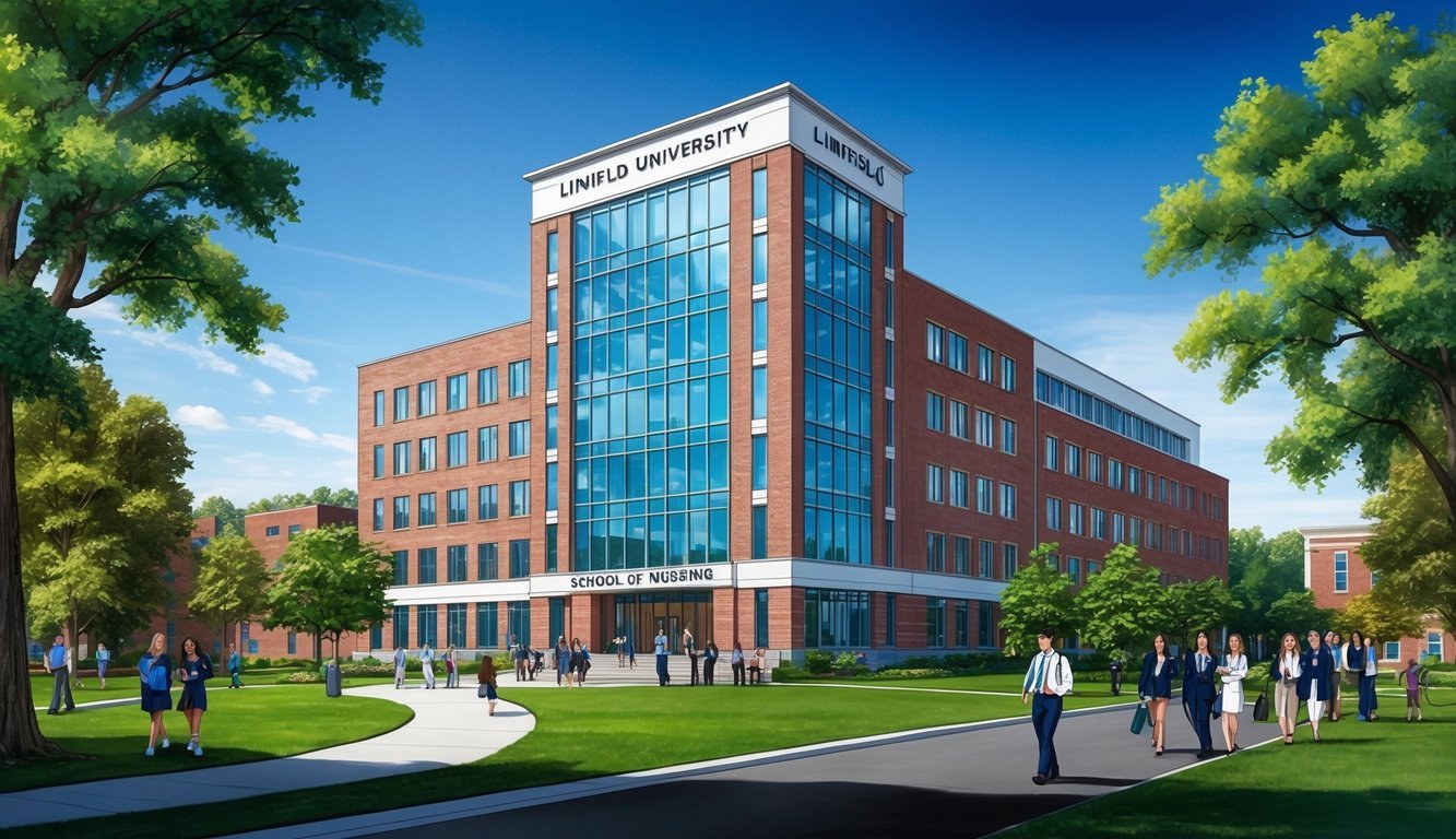 The Linfield University School of Nursing building stands tall, surrounded by lush green trees and a clear blue sky, with students and faculty bustling in and out