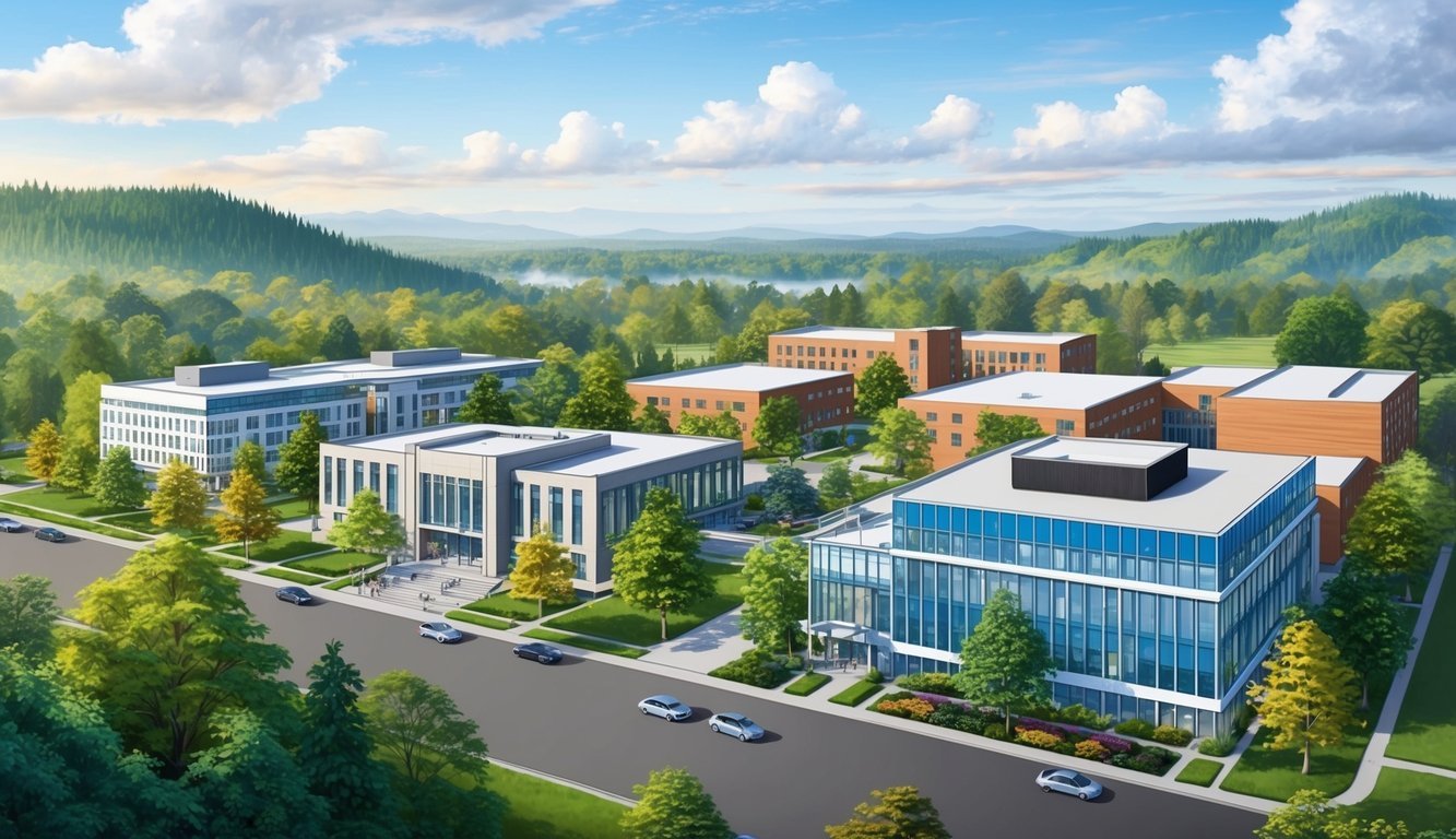 A bustling campus with modern buildings and a prominent School of Nursing, set against a backdrop of lush greenery and the serene beauty of Oregon