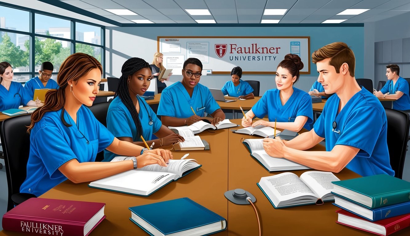 A group of students in nursing scrubs studying in a modern classroom at Faulkner University, surrounded by medical equipment and textbooks