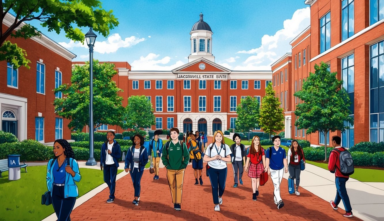 A bustling campus at Jacksonville State University, with students walking to and from the best nursing school in Alabama