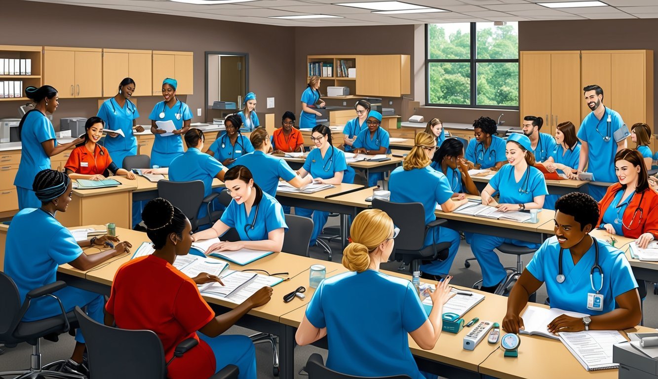 A bustling classroom at University of North Alabama, filled with nursing students and instructors engaged in hands-on learning and discussion