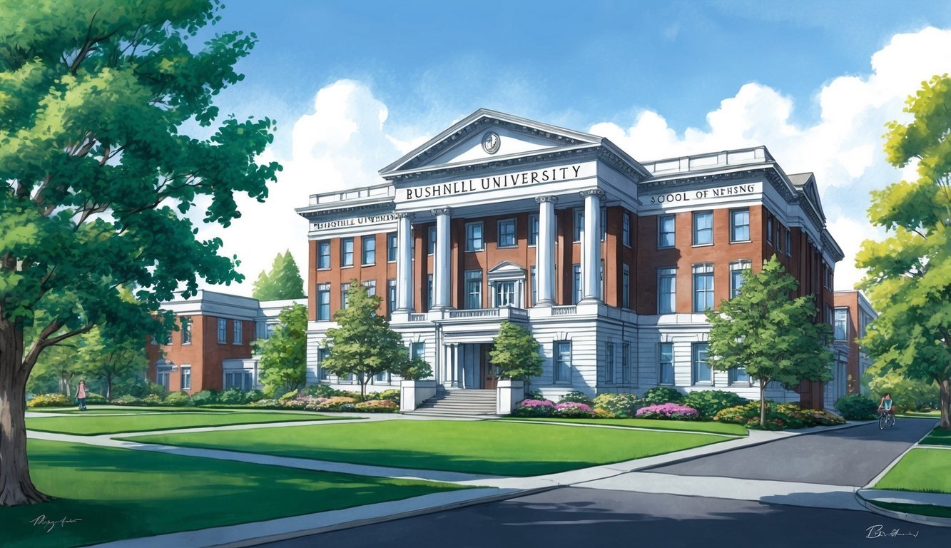 A stately building with a prominent sign reading "Bushnell University School of Nursing" stands proudly amidst a lush, green campus in Oregon