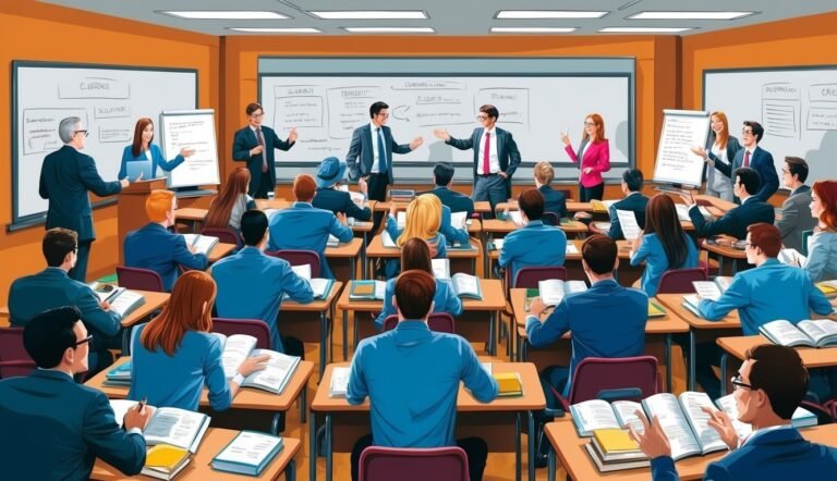 Classroom with students and instructors, whiteboards with notes