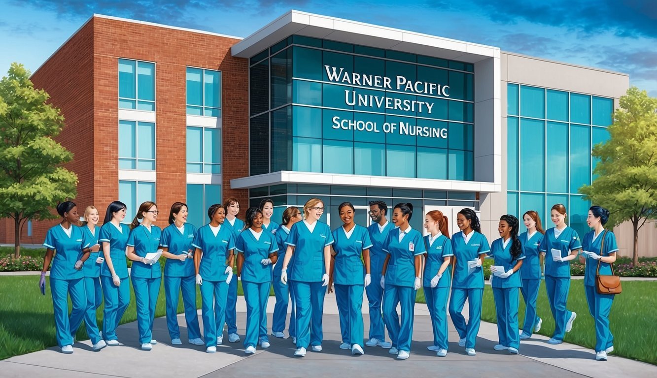 A group of students in nursing uniforms gather around a modern university building with the sign "Warner Pacific University School of Nursing."