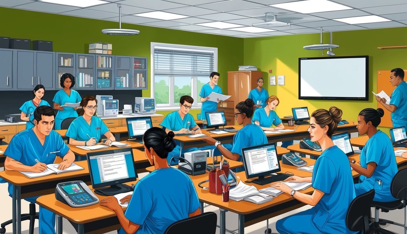 Medical students in scrubs attend a lecture, using computers and taking notes