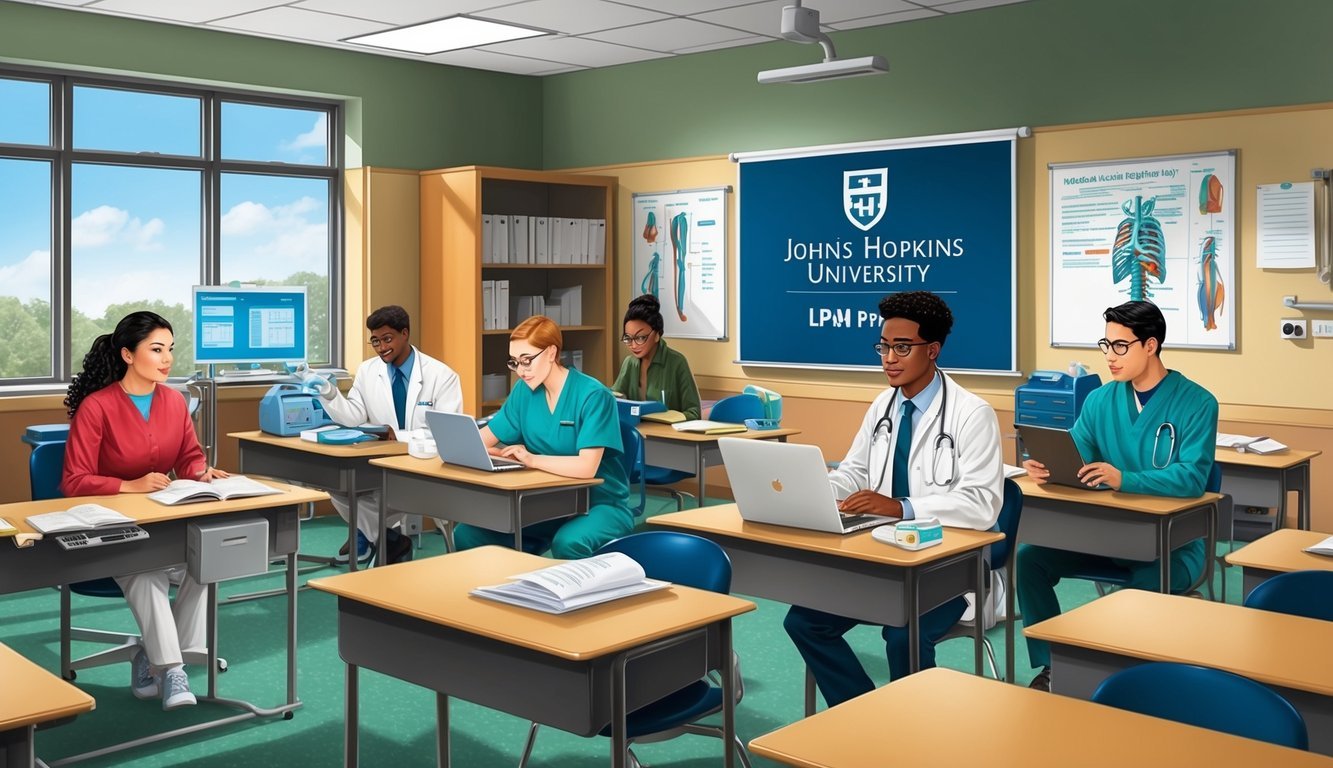 A classroom setting with medical equipment and students studying at Johns Hopkins University LPN Program