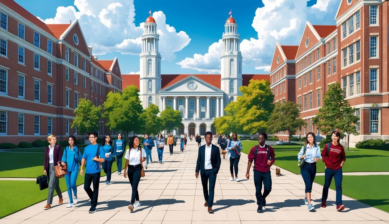 A bustling university campus with iconic buildings and students walking between classes on a sunny day