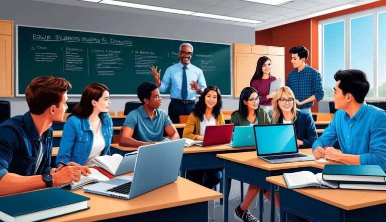 Students in a classroom with a teacher, laptops, and a chalkboard