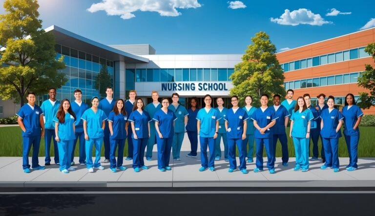 Group of nursing students in scrubs in front of nursing school building