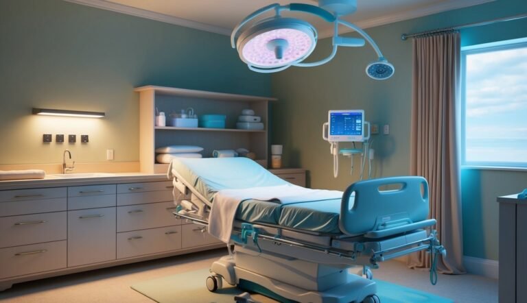 Hospital room with a bed, surgical light, and medical equipment