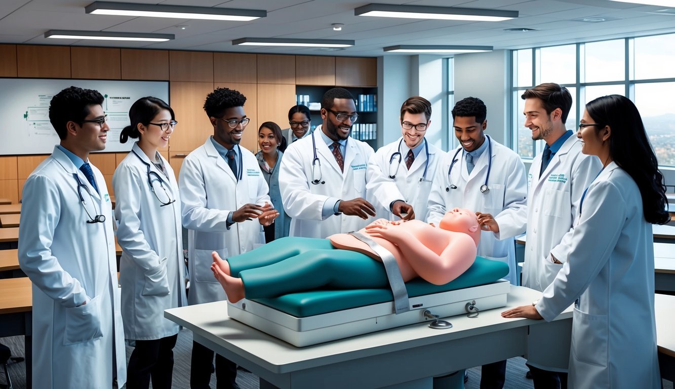 A group of students in white lab coats and stethoscopes gather around a birthing simulator in a modern classroom at the University of Washington