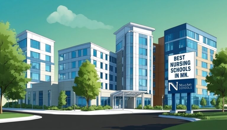 Illustration of modern buildings with a sign for "Best Nursing Schools in MN."