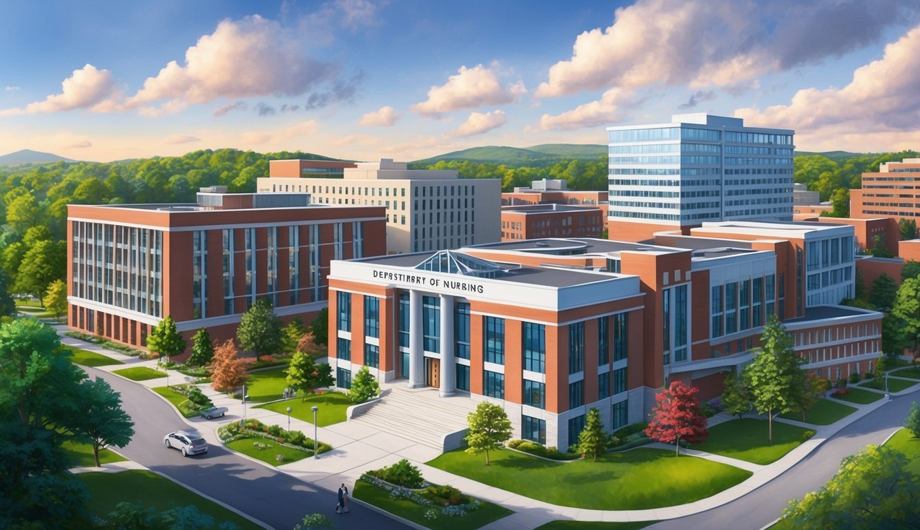 A bustling campus with modern buildings and a prominent Department of Nursing, surrounded by lush greenery in a picturesque setting