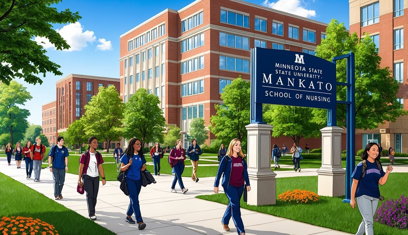 A bustling campus scene with a prominent sign for Minnesota State University, Mankato School of Nursing.</p><p>Students walk to and from classes on a sunny day