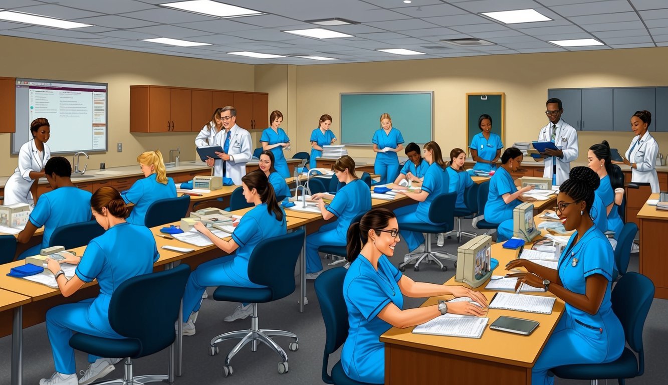A bustling classroom at Bethel University MN, with nursing students engaged in hands-on learning and attentive instructors guiding the session