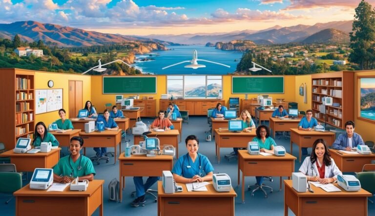 Medical students in a classroom with a scenic view, smiling at the camera