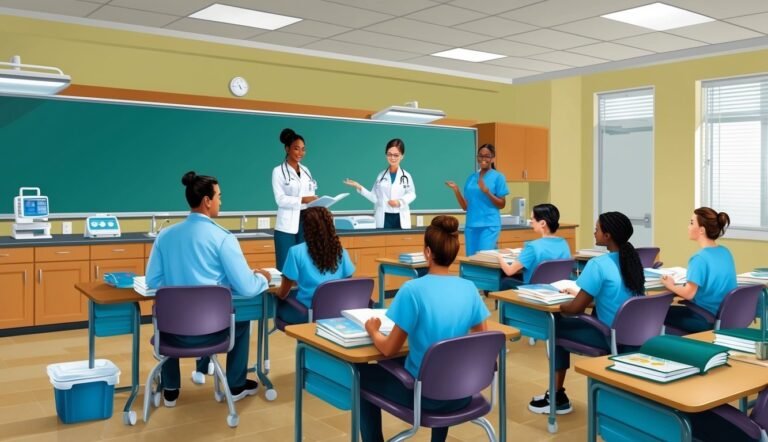 Medical students in a classroom listening to instructors in front of a chalkboard
