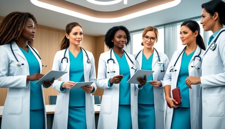 Six female doctors in white coats and scrubs, holding tablets, smiling