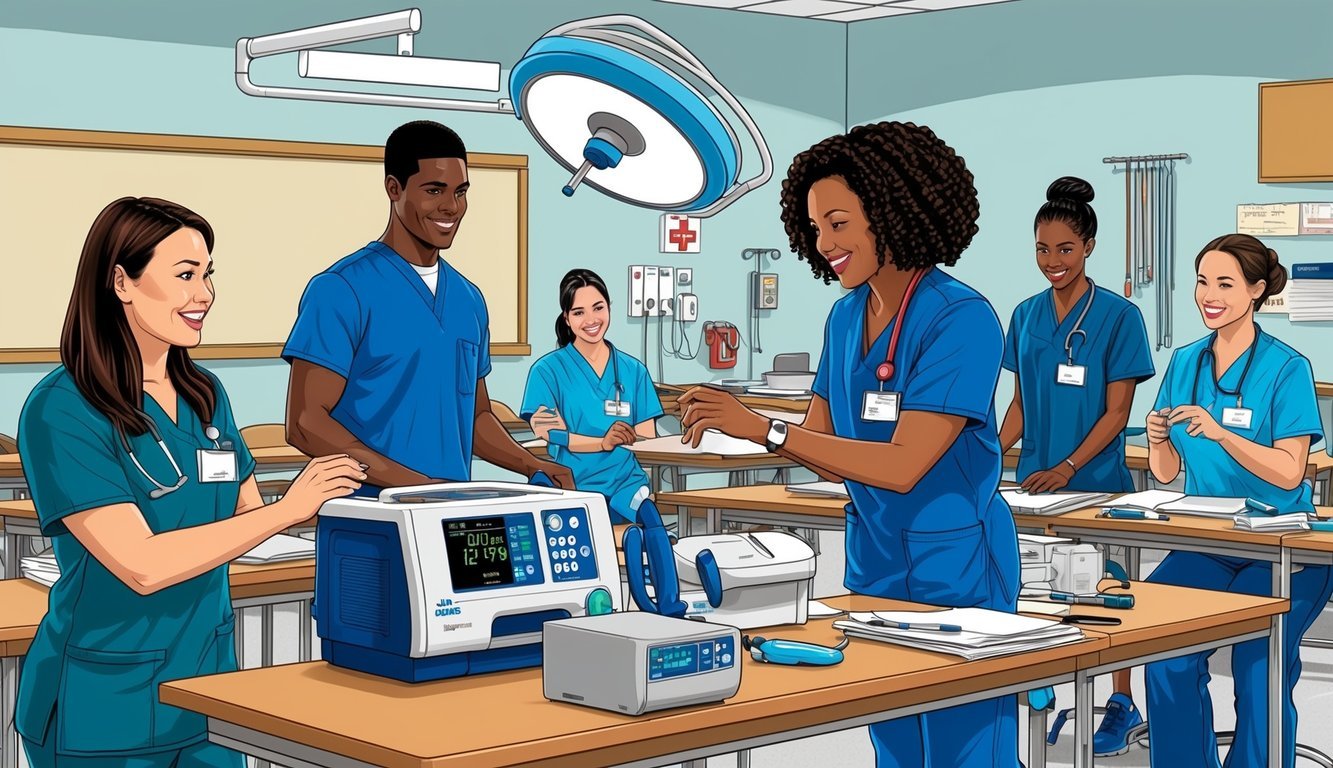 A classroom setting with medical equipment and students in scrubs, engaged in hands-on training at Johns Hopkins CNA Program