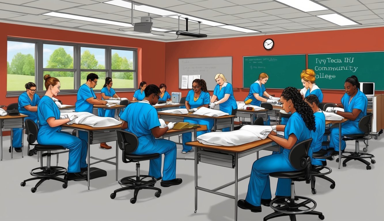 A classroom at Ivy Tech Community College filled with CNA students practicing hands-on skills