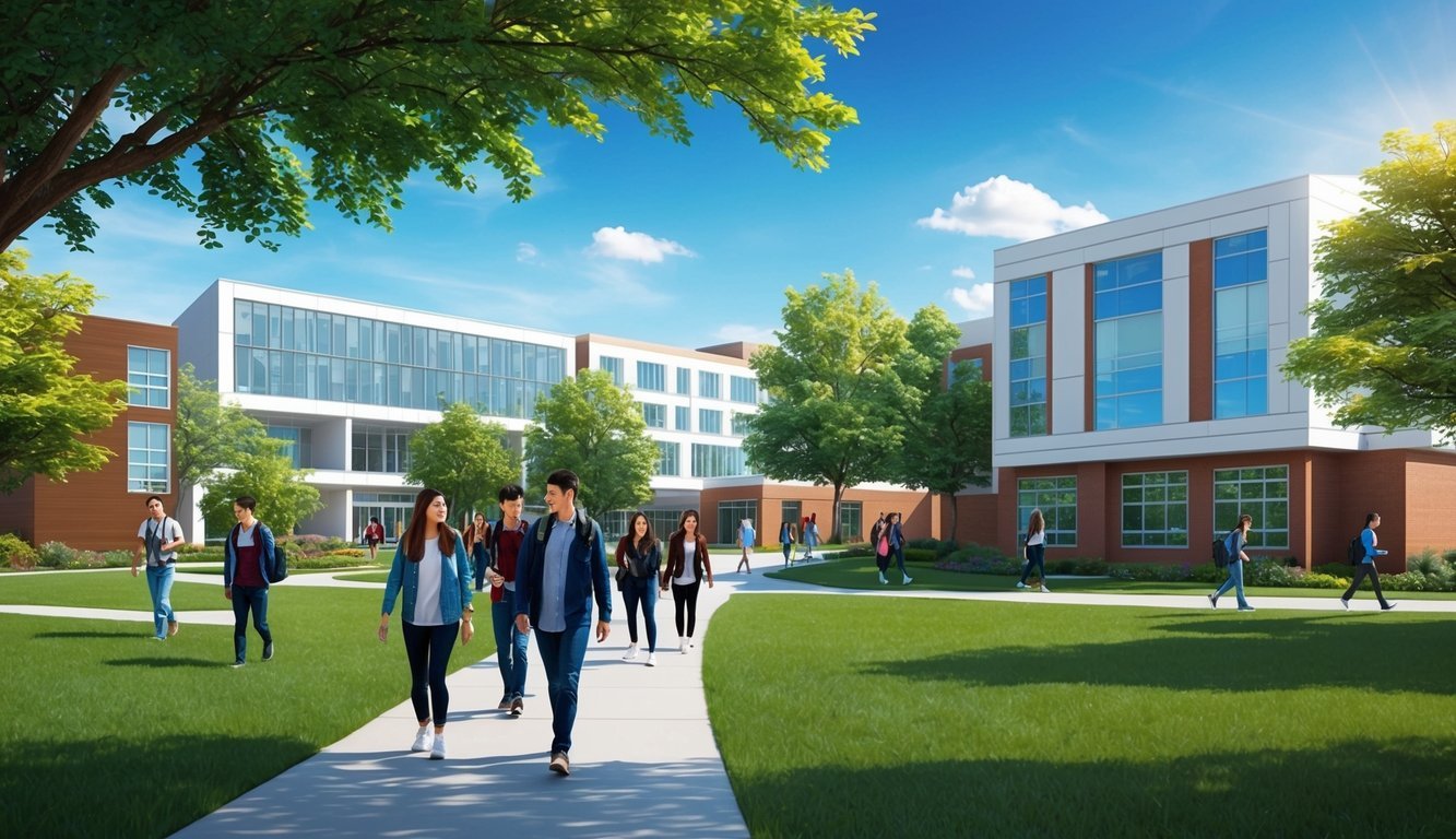 A sunny campus with students walking between modern buildings and lush greenery, with a clear blue sky overhead