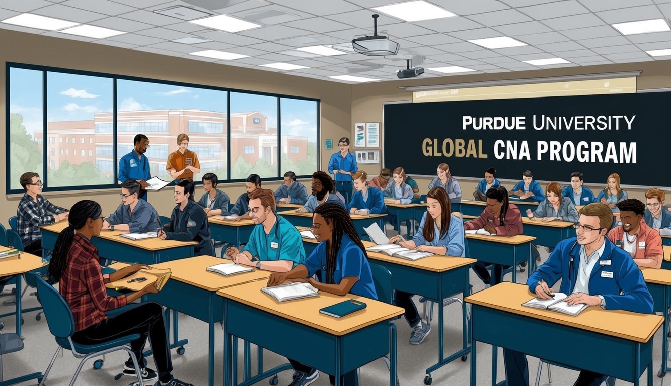A classroom filled with students learning in the Purdue University Global CNA Program, with instructors guiding them through hands-on training and lectures