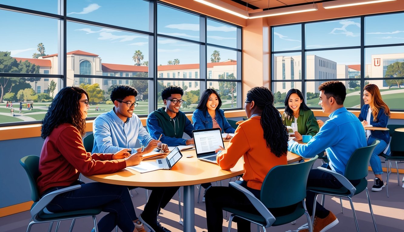 A group of students studying and collaborating in a modern classroom at the University of California, Los Angeles, with the campus visible through the window