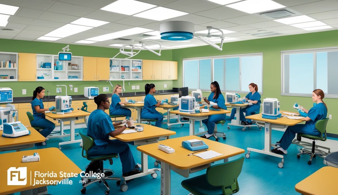A classroom filled with medical equipment and students practicing CNA skills at Florida State College at Jacksonville