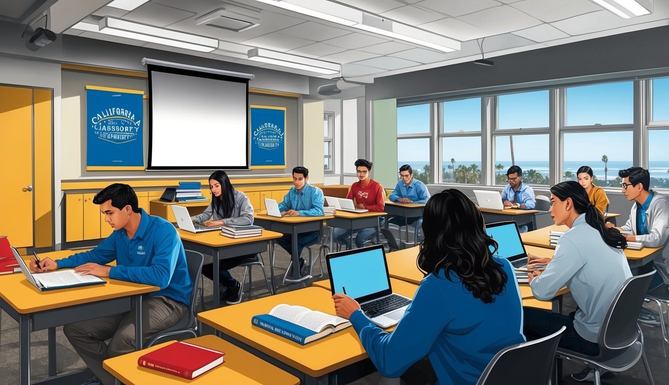 A group of students studying in a modern classroom at California State University, Long Beach, with textbooks and laptops