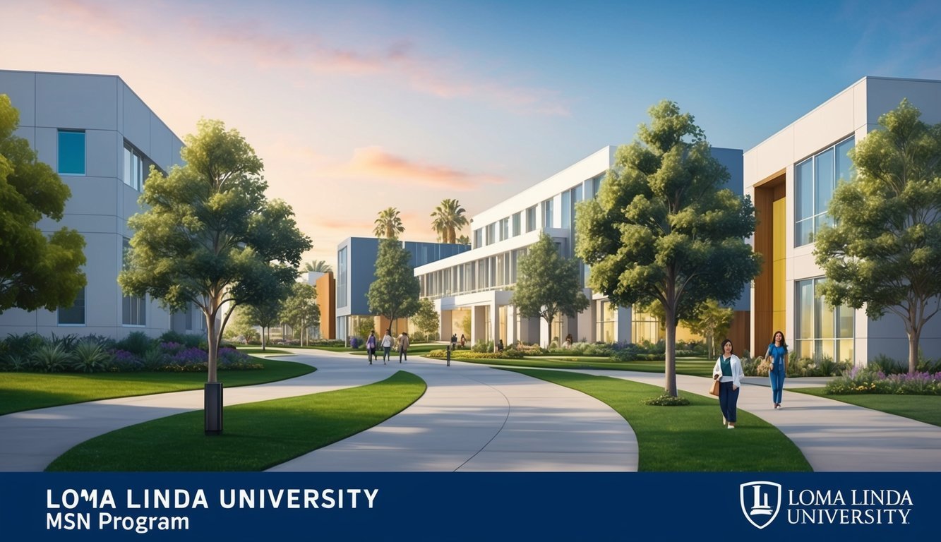 A serene campus with modern buildings and lush greenery, showcasing the prestigious Loma Linda University's MSN Program in California