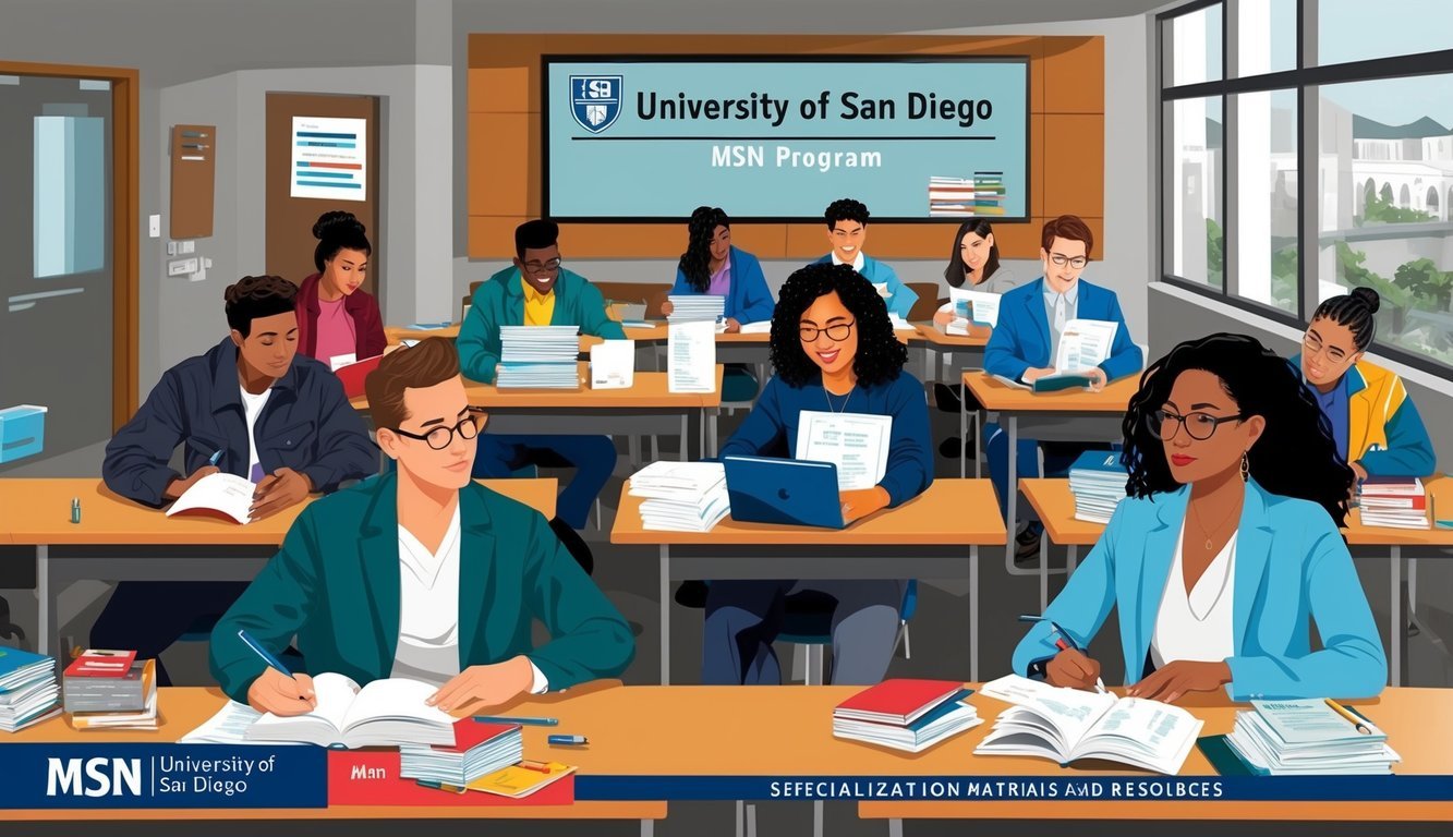 A group of students studying in a modern classroom at the University of San Diego's MSN program, with various specialization materials and resources visible