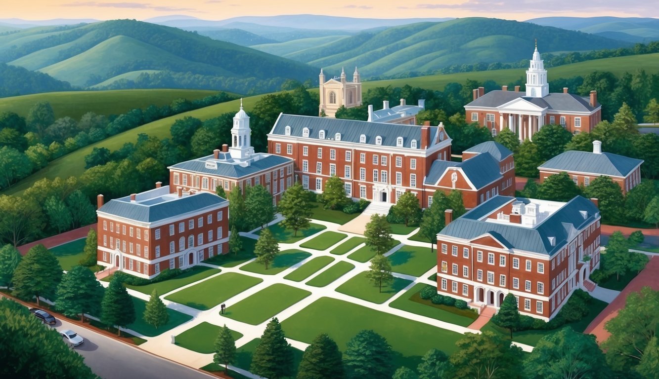 Illustration of a college campus with red brick buildings and green hills