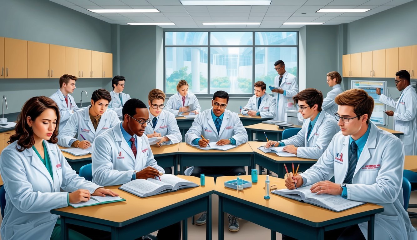 A group of students in white coats studying and working in a modern medical classroom at James Madison University