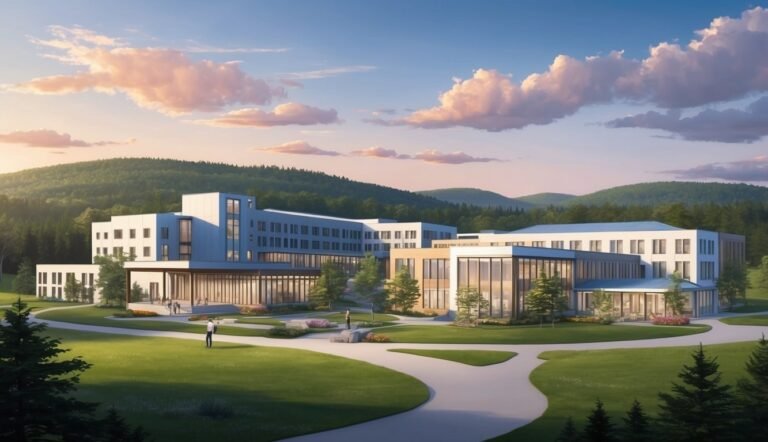 Modern building complex with glass walls, green lawn, and mountain backdrop