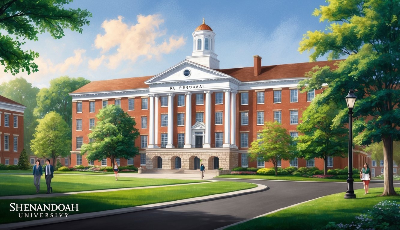 A picturesque campus scene at Shenandoah University, with the PA Program building standing out among the lush greenery