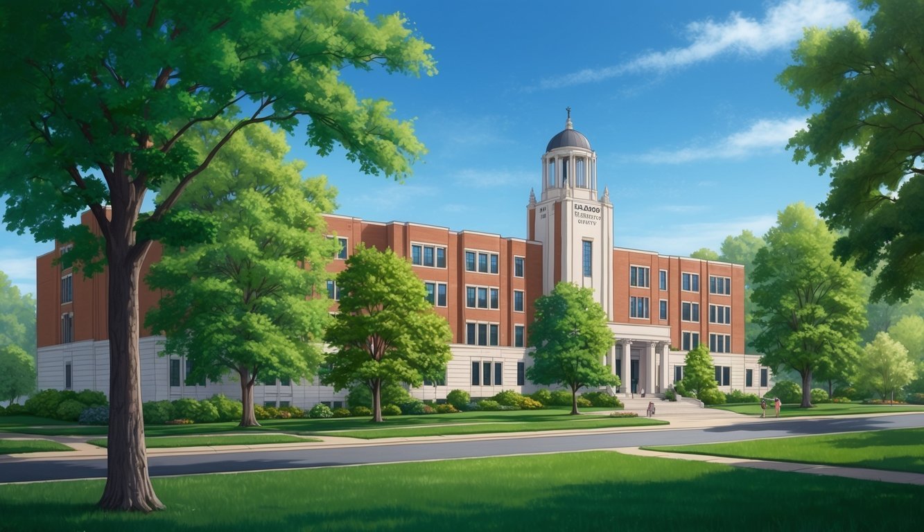 A serene campus scene with the Radford University PA Program building standing tall among lush green trees and a clear blue sky