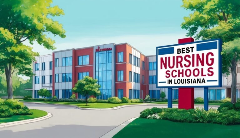 Illustration of a modern building with a sign for "Best Nursing Schools in Louisiana."