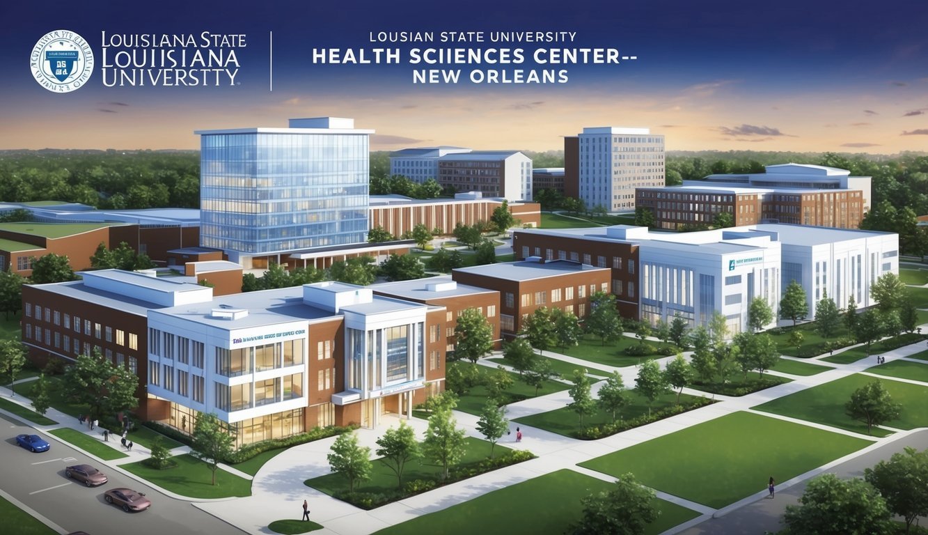 A bustling campus with modern buildings and green spaces, featuring the Louisiana State University Health Sciences Center-New Orleans as one of the top nursing schools in the state