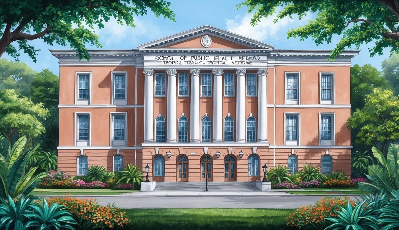 The iconic facade of Tulane University's School of Public Health and Tropical Medicine, surrounded by lush greenery and vibrant flowers