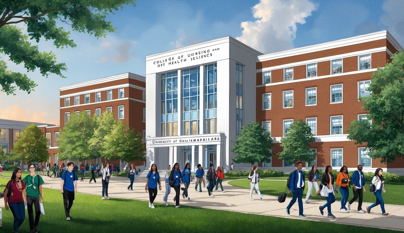 A bustling campus scene with the College of Nursing and Health Sciences building at the University of Louisiana at Lafayette, surrounded by greenery and students walking to and from classes