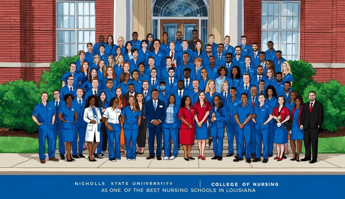 A group of students and faculty gather in front of the Nicholls State University College of Nursing, showcasing the institution's reputation as one of the best nursing schools in Louisiana