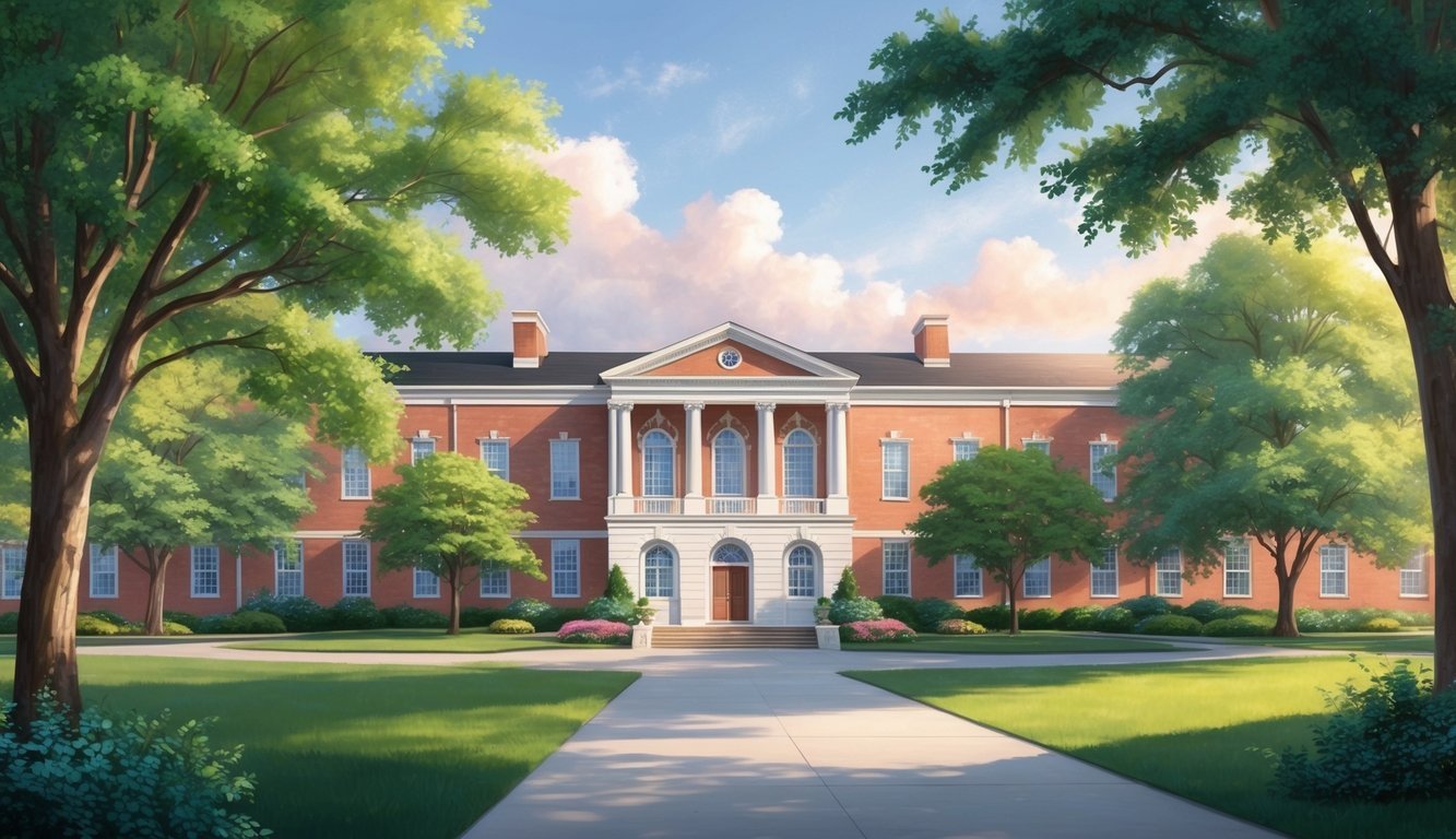 A serene campus with a stately building, lush greenery, and a peaceful atmosphere