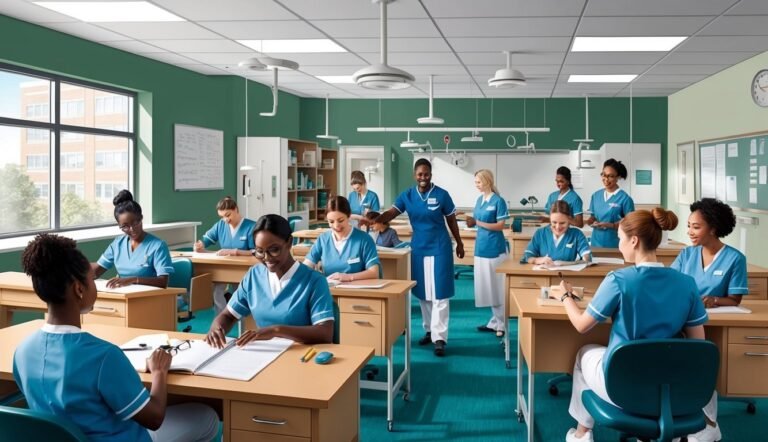 Nursing students in a classroom, studying with an instructor