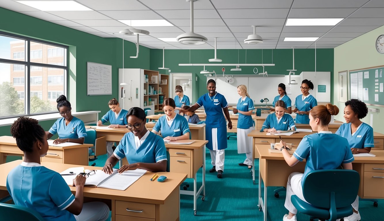 Nursing students in a classroom, studying with an instructor