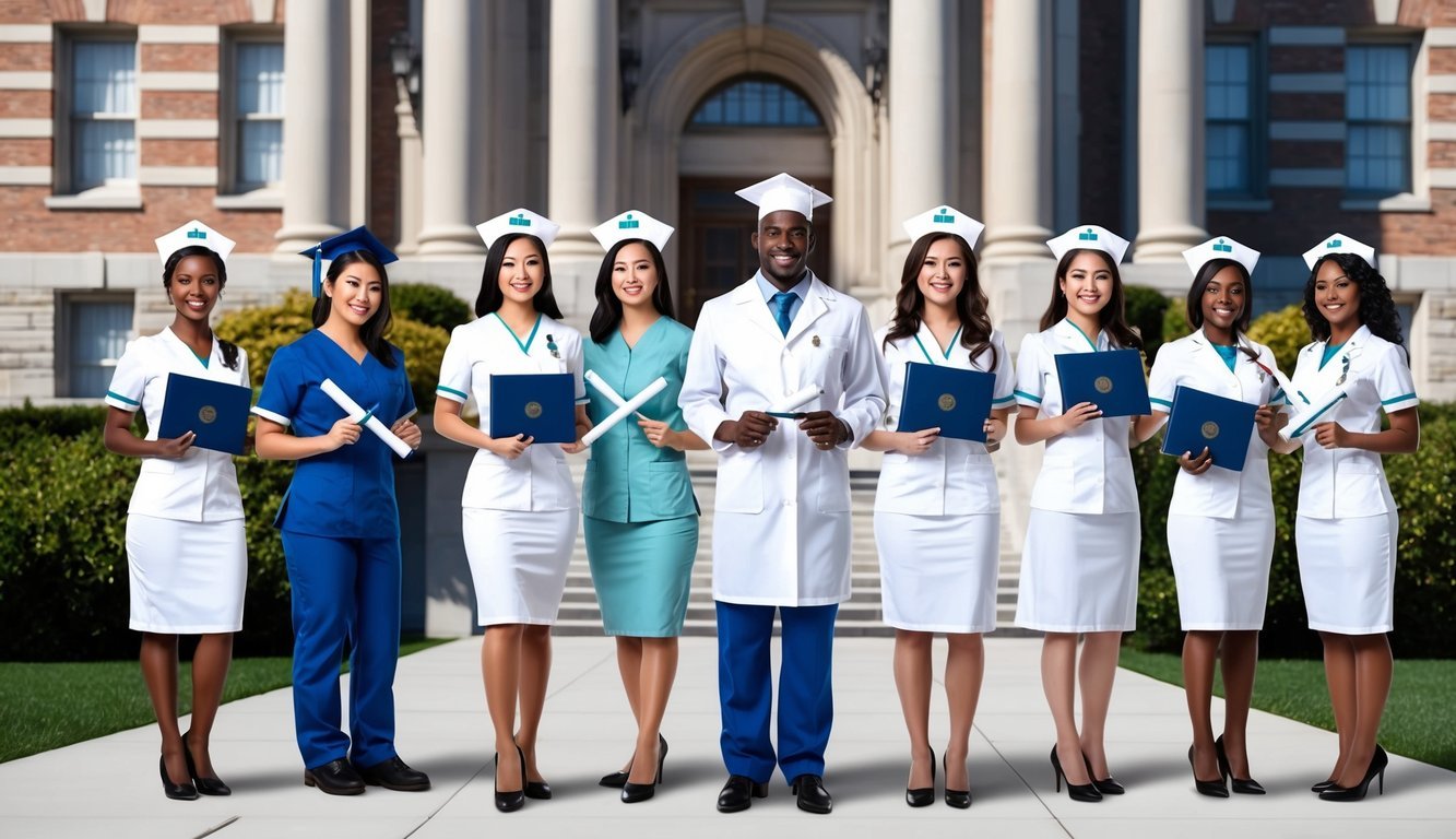 A group of nursing students in white uniforms stand in front of a prestigious university building, holding their diplomas and smiling proudly